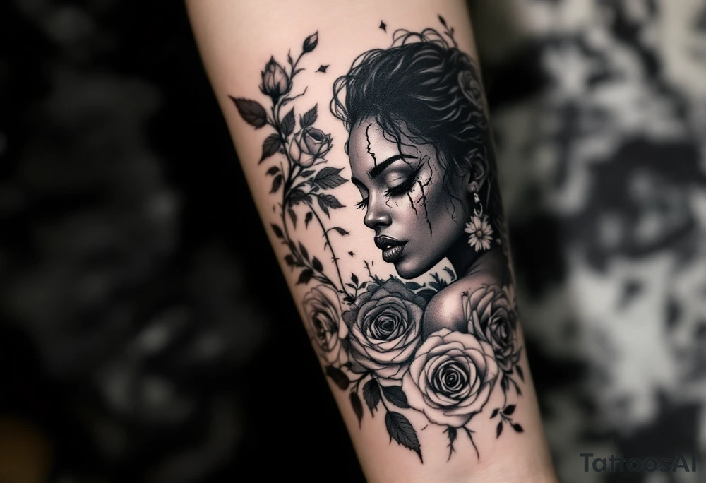 Broken Black woman surrounded by roses that shows the good and evil of humanity tattoo idea