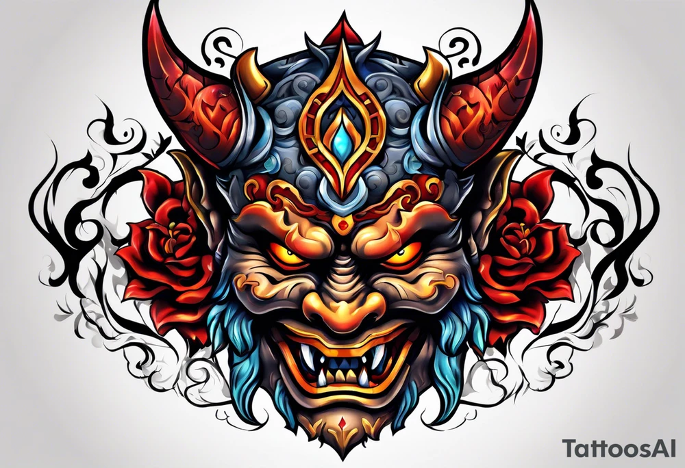 Protection against evil Oni mask tattoo idea