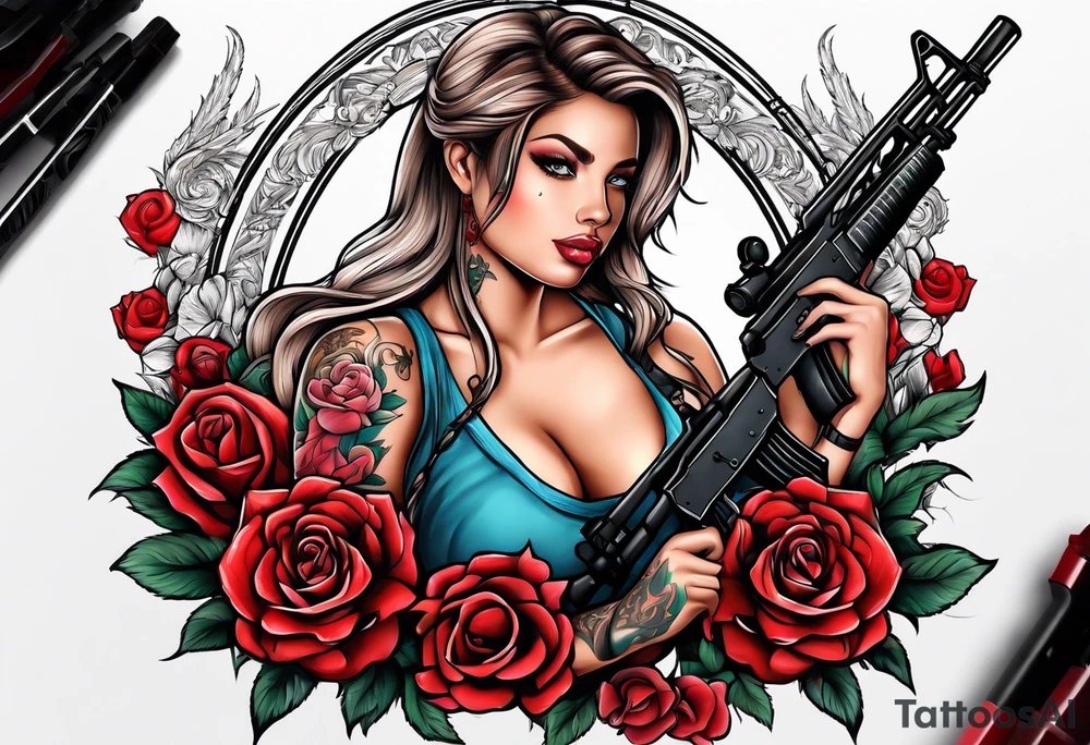 Beautiful angle with tattoos surrounded by roses holding a ak 47 tattoo idea