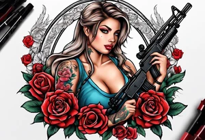 Beautiful angle with tattoos surrounded by roses holding a ak 47 tattoo idea