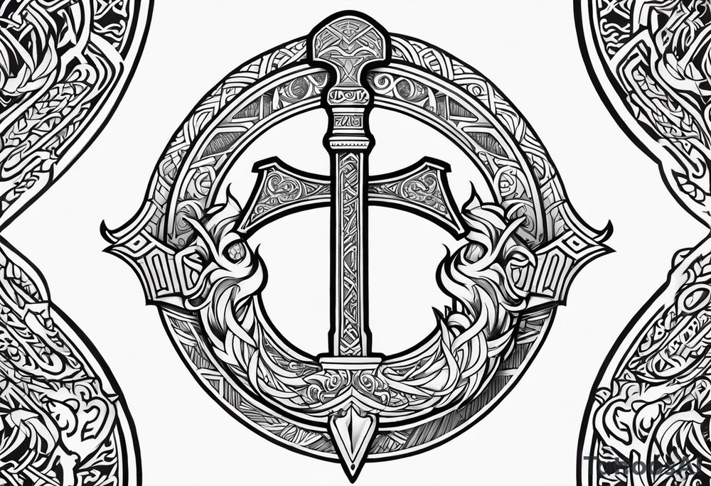 Valhalla sword shield dragon axe viking church tattoo idea