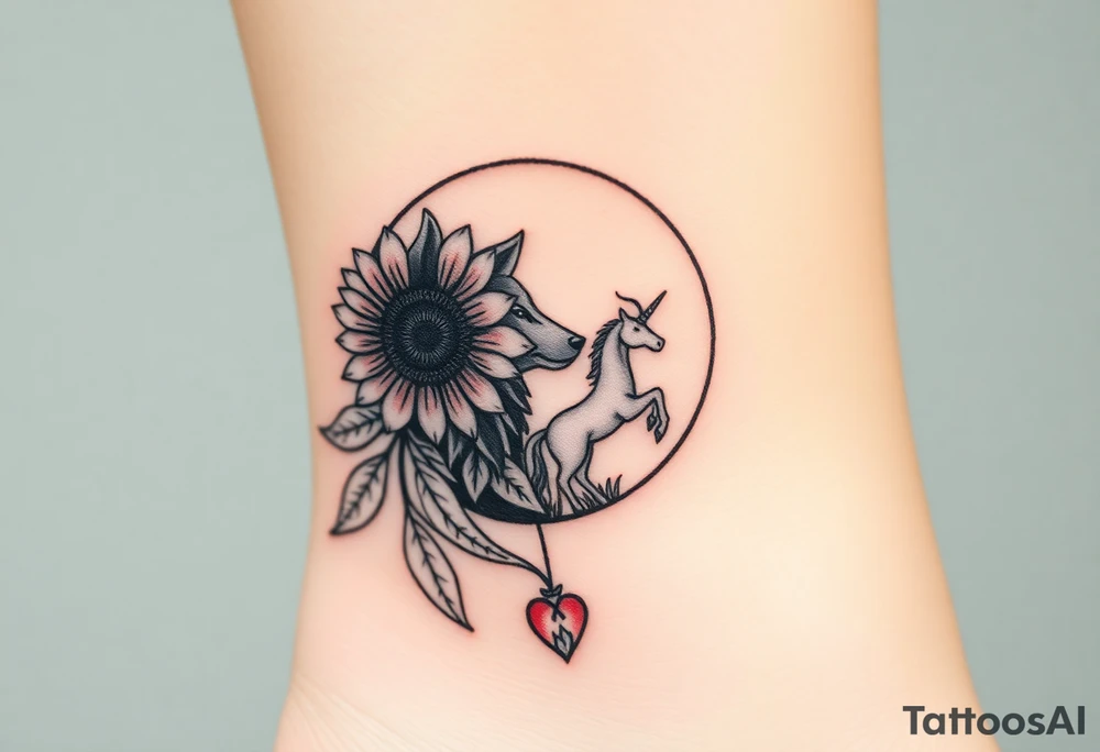 Cresent moon
 with sunflower, wolf, Harry potter, star wars, unicorn, fire heart all in one tattoo idea