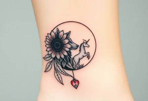 Cresent moon
 with sunflower, wolf, Harry potter, star wars, unicorn, fire heart all in one tattoo idea