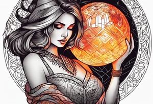 Woman holding fiery ball above her head tattoo idea