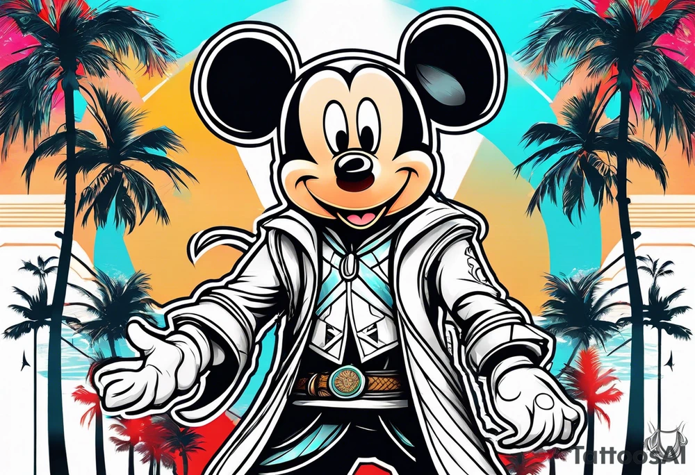 mickey mouse assassins creed character that is in the style of tron with palm trees tattoo idea