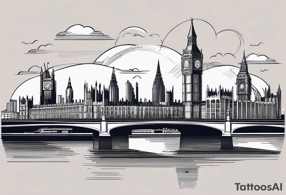 A minimalistic, abstract design capturing the architectural essence and vibe of London. Key elements of London’s skyline and structure are hinted at with clean lines, and subtle detailing includes personal touches, like a nod to Feid’s signature look (hat, glasses, mustache), integrated discreetly to honor a memorable concert experience. tattoo idea