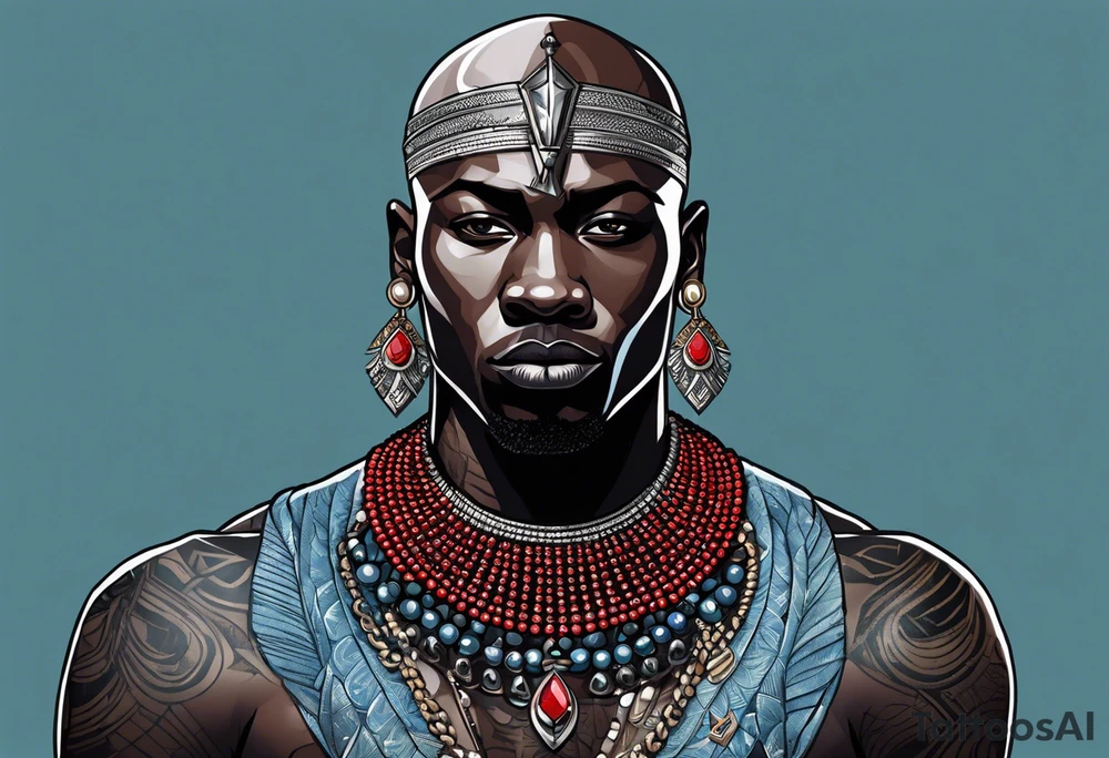Black-skinned bald african warrior. He wears a simple and small silver crown. He uses blue and red necklaces tattoo idea