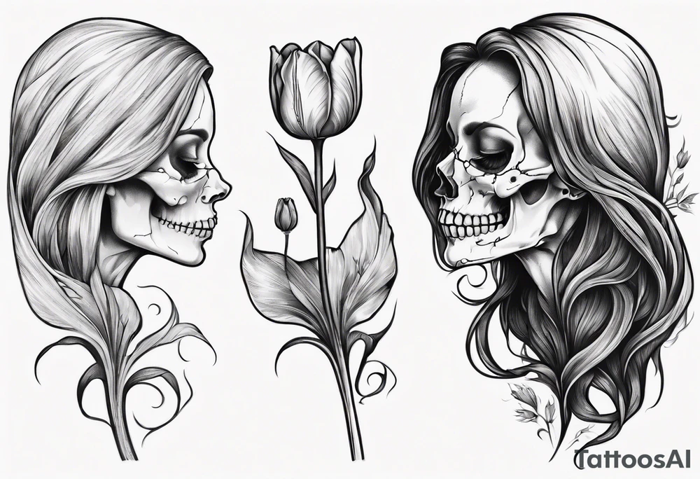 sideview of smiling female skull with long hair, one decayed tulip, one perfect tulip and one tulip bud tattoo idea