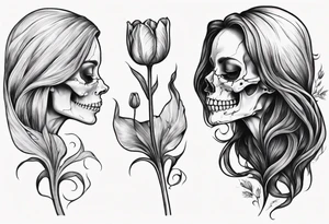 sideview of smiling female skull with long hair, one decayed tulip, one perfect tulip and one tulip bud tattoo idea