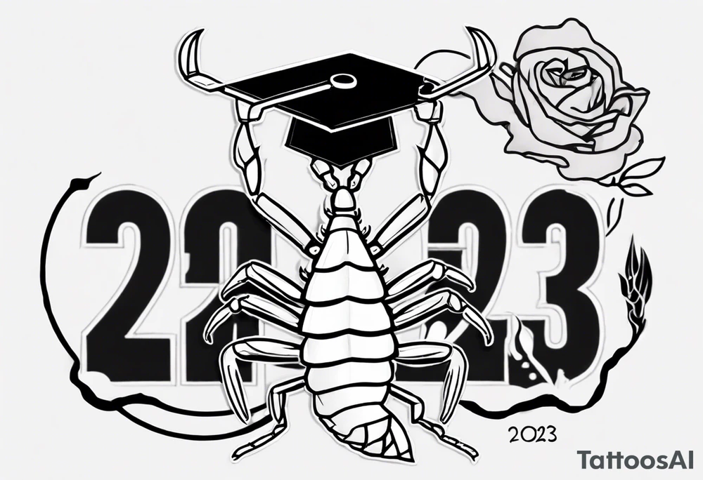 cute scorpion wearing a graduation cap that says 2023, with the background that represents game development and designs tattoo idea