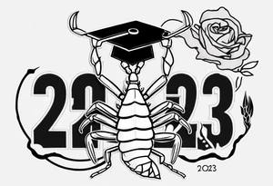 cute scorpion wearing a graduation cap that says 2023, with the background that represents game development and designs tattoo idea