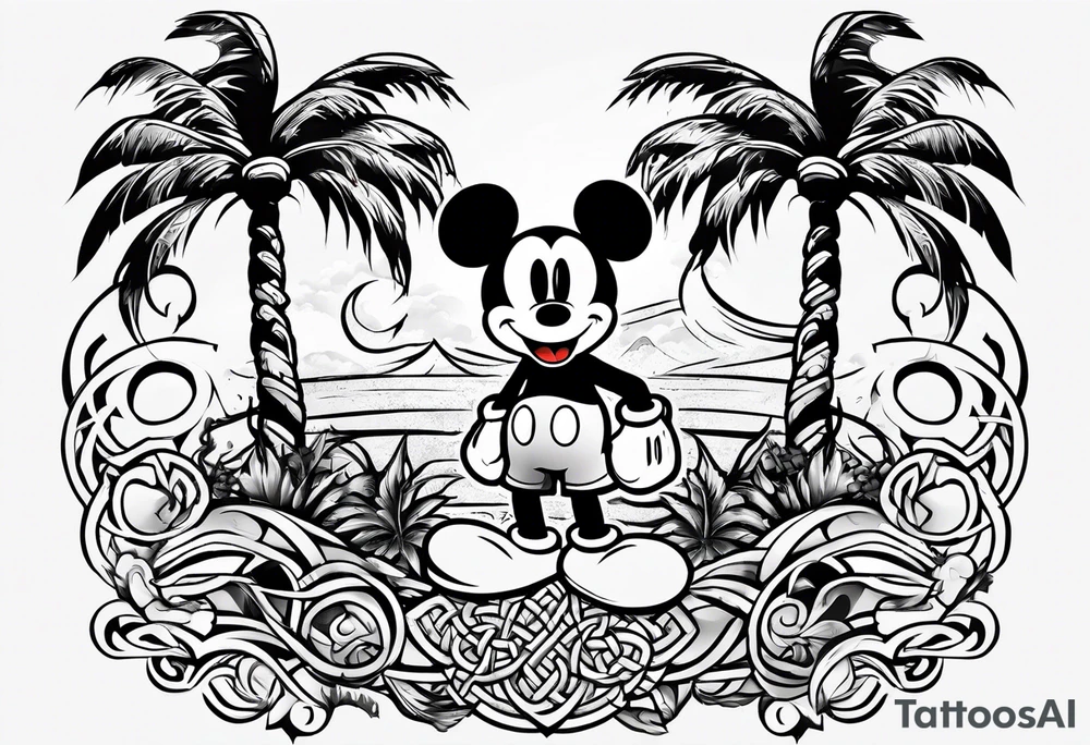 martial arts, palm trees, mickey mouse and the celtic symbol for family tattoo idea