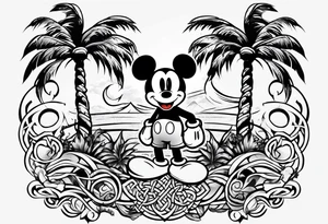 martial arts, palm trees, mickey mouse and the celtic symbol for family tattoo idea