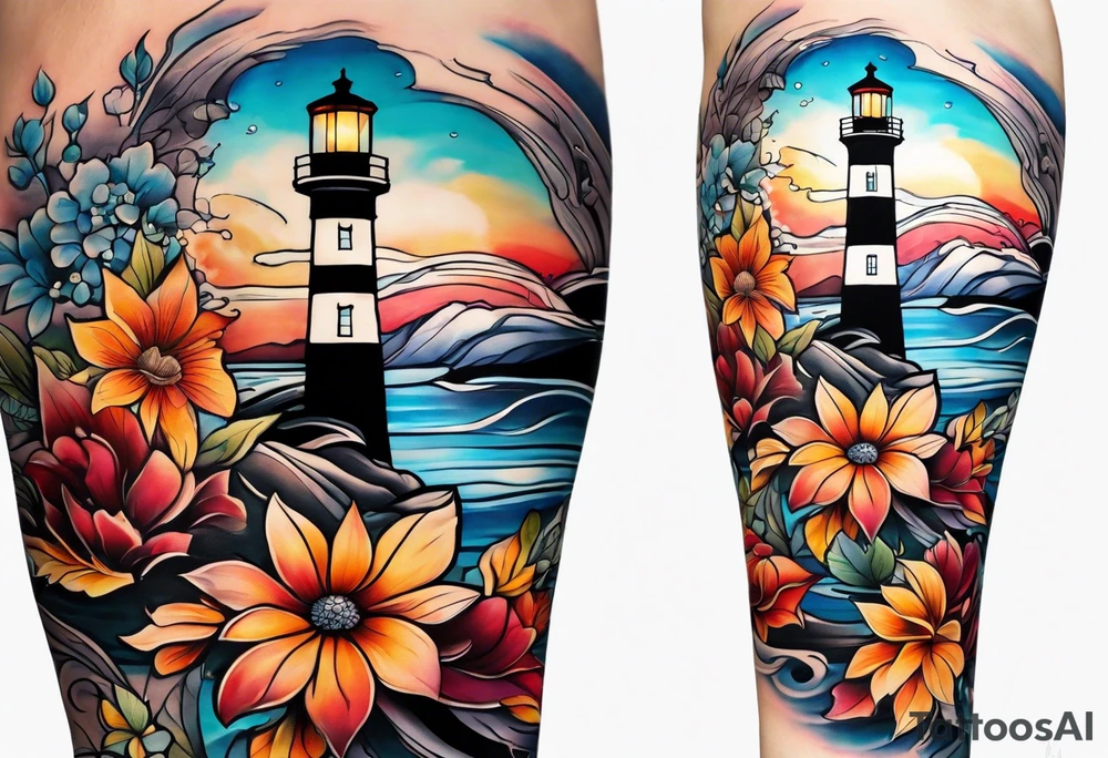 Arm sleeve with fall colors, various flowers, water flow, water splash, light house tattoo idea