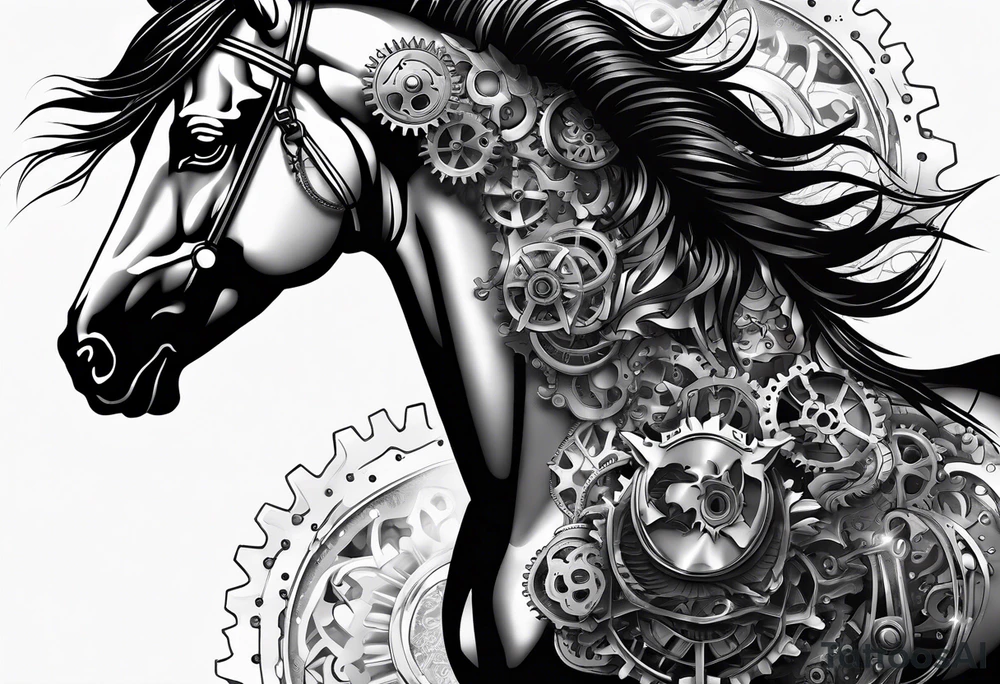 A horse head made out of gears tattoo idea