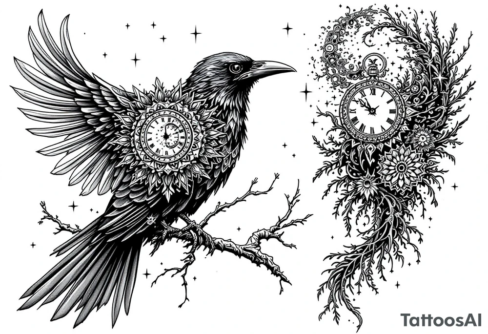 left arm tattoo of a raven mandala on a branch with clock face tattoo idea