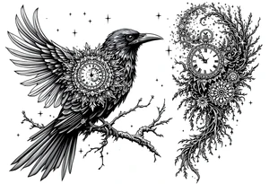 left arm tattoo of a raven mandala on a branch with clock face tattoo idea