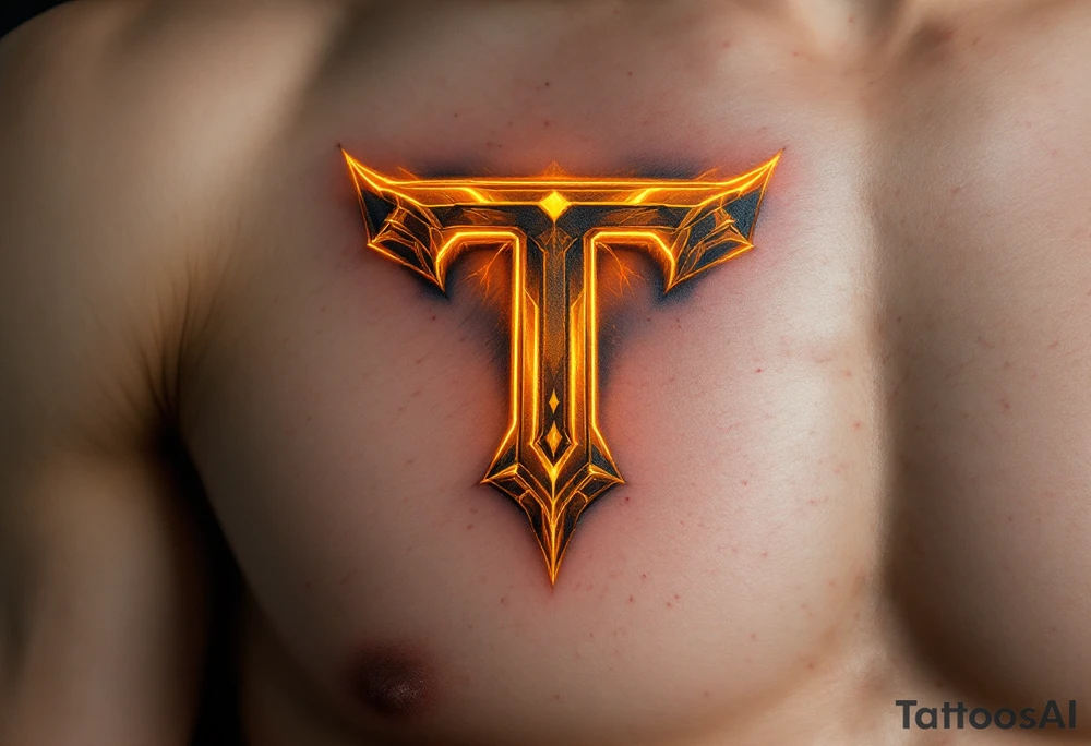 An amber "T" (matte, not neon) with slight burnished edges. tattoo idea