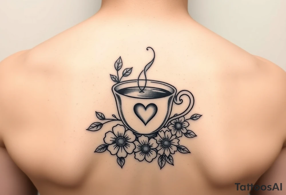 Cute vintage dainty cup of tea with a love heart and flowers tattoo idea