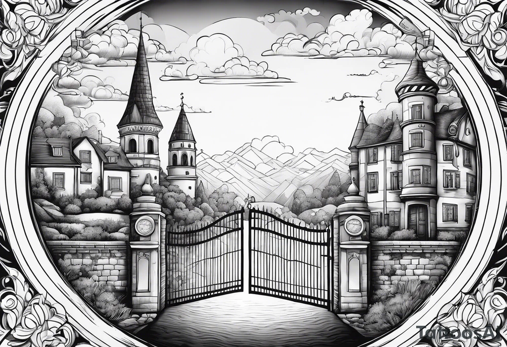 heaven summer town with tower houses gate entrance 
 in circle transparent clouds  vignette tattoo idea