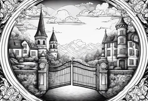 heaven summer town with tower houses gate entrance 
 in circle transparent clouds  vignette tattoo idea