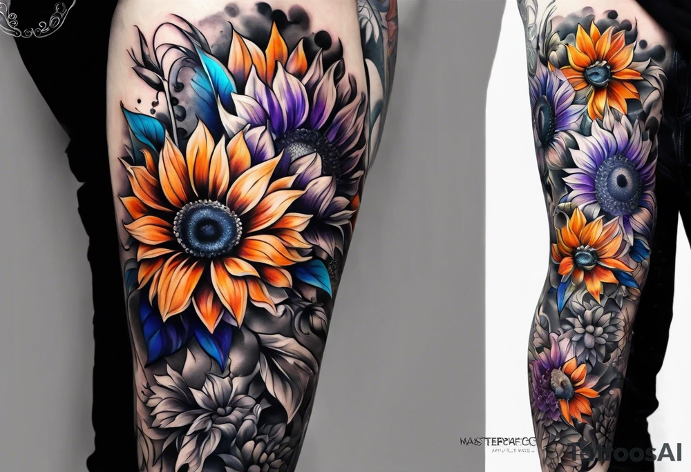 Full leg sleeve with purple, orange and blue sunflowers tattoo idea