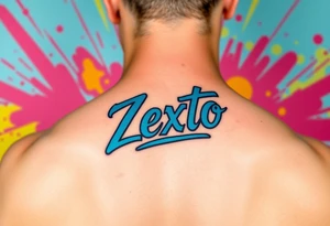A bright colored graffiti style background with the name Zexto in script tattoo idea