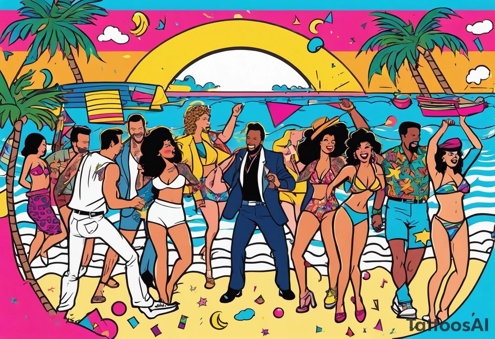 1980's miami vice style beach dance 
party, include confetti, music notes, boom box, bikinis sunset in the center tattoo idea