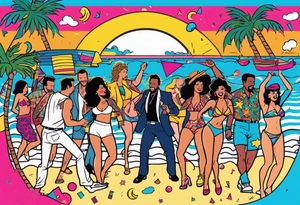 1980's miami vice style beach dance 
party, include confetti, music notes, boom box, bikinis sunset in the center tattoo idea