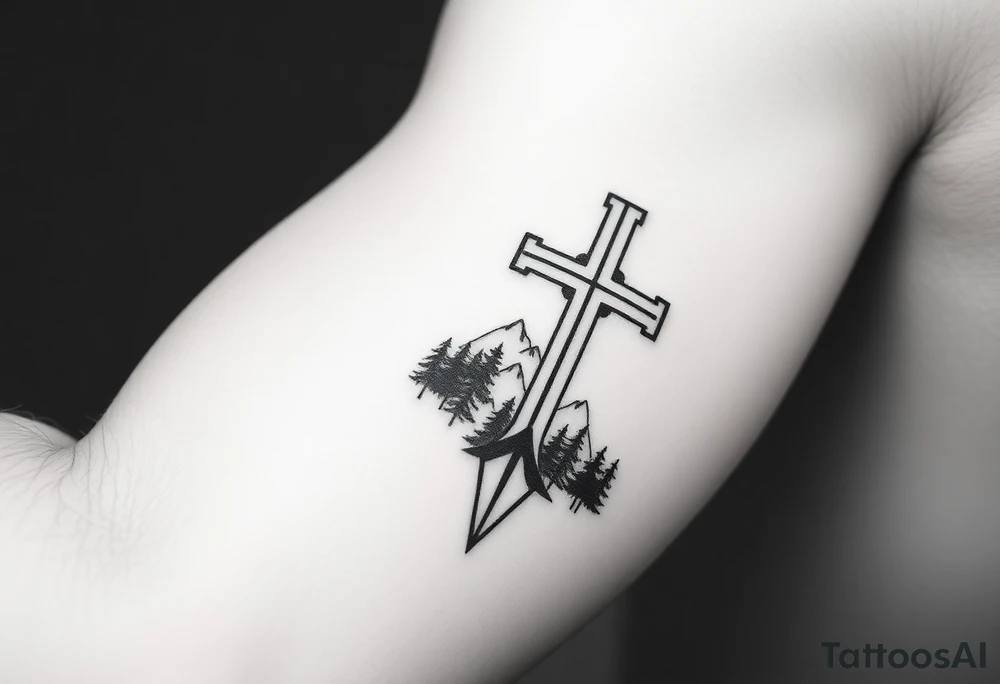 russian christian orthodox cross with the diagonal line at the bottom with a light forrest with a light mountainous setting tattoo idea