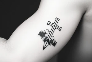 russian christian orthodox cross with the diagonal line at the bottom with a light forrest with a light mountainous setting tattoo idea