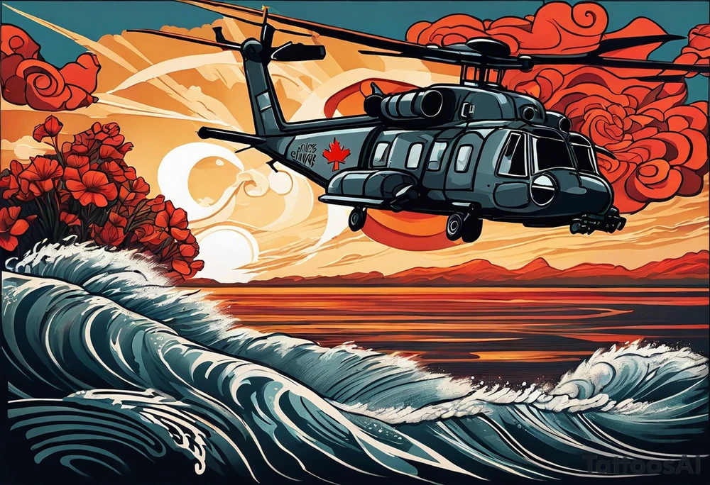 A cinematic-style tattoo depicting a Canadian military Cyclone helicopter performing a daring maneuver over a turbulent ocean. The sky should be filled with dramatic clouds, and the sun should be setting, casting long shadows. The helicopter should be the main focus, with intricate details and a sense of motion. In the background, a poppy should be prominently displayed, and a quote from 'Lest We Forget' should be included, black and white tattoo tattoo idea