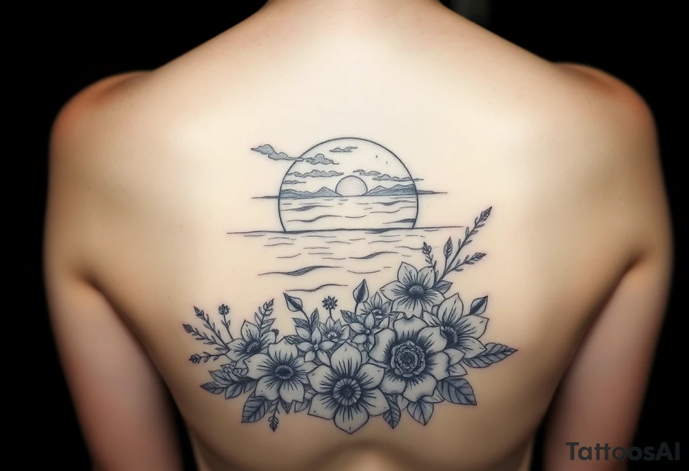 Ocean sunset view from the beach with lots of florals and ocean life and nature tattoo idea