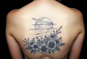 Ocean sunset view from the beach with lots of florals and ocean life and nature tattoo idea