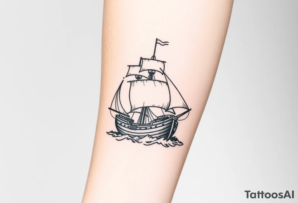 bland and white detailed linework drawing of Spaniard ship sailing for forearm tattoo idea