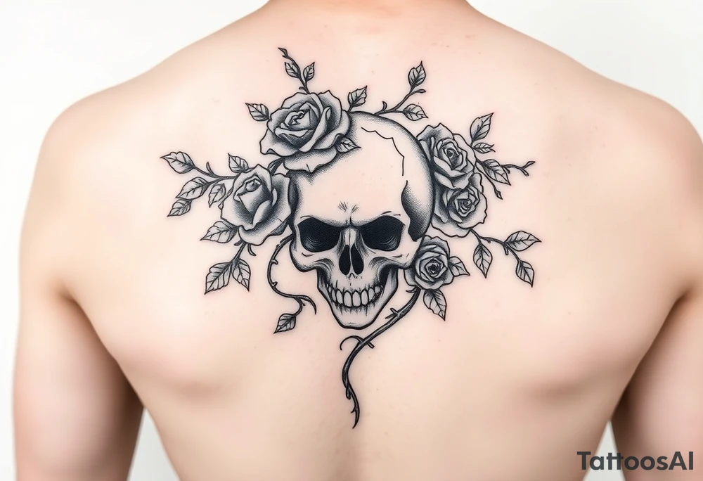 gothic skull intertwined with climbing roses and thorny vines tattoo idea