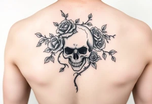 gothic skull intertwined with climbing roses and thorny vines tattoo idea