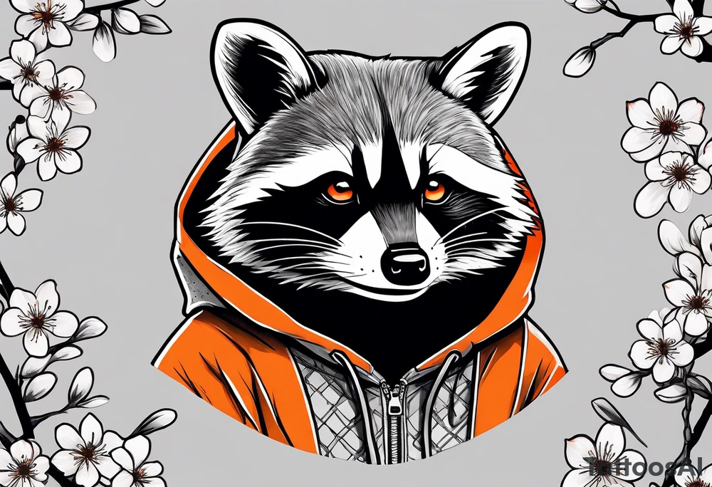 raccoon wearing a black and white Superman hoodie and orange Japanese cherry blossoms tattoo idea