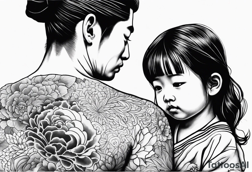 Sad little girl with father spirit holding her tattoo idea
