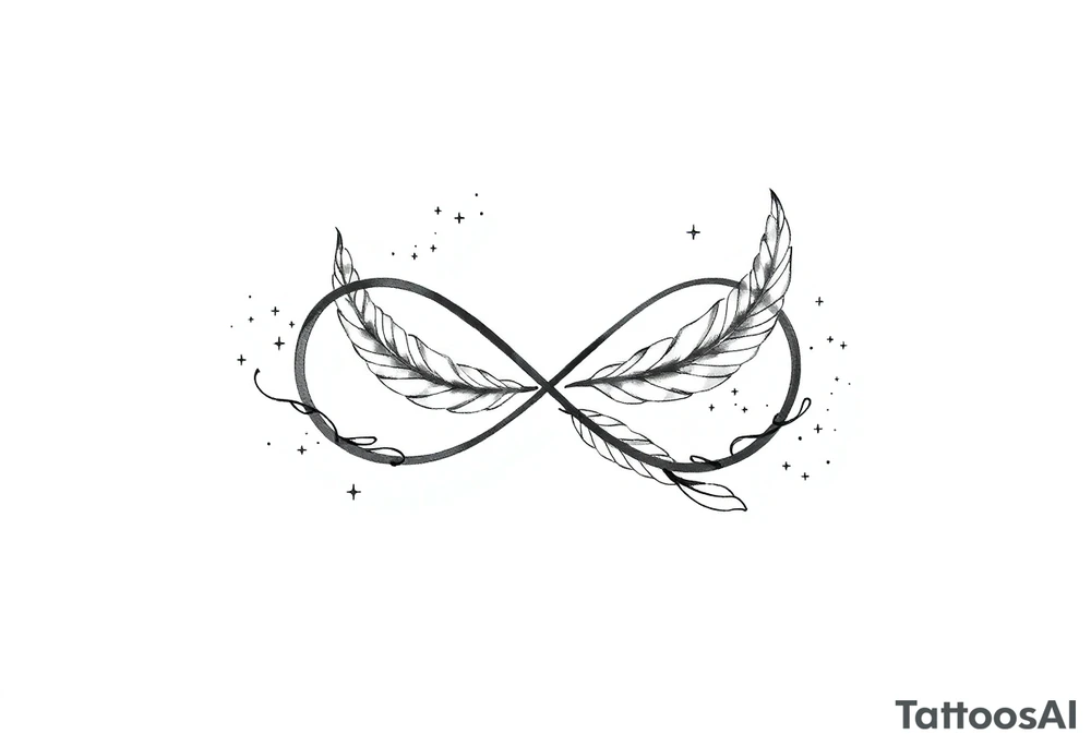 infinity symbol woven with floating feathers and stardust tattoo idea