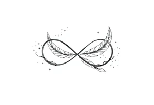 infinity symbol woven with floating feathers and stardust tattoo idea