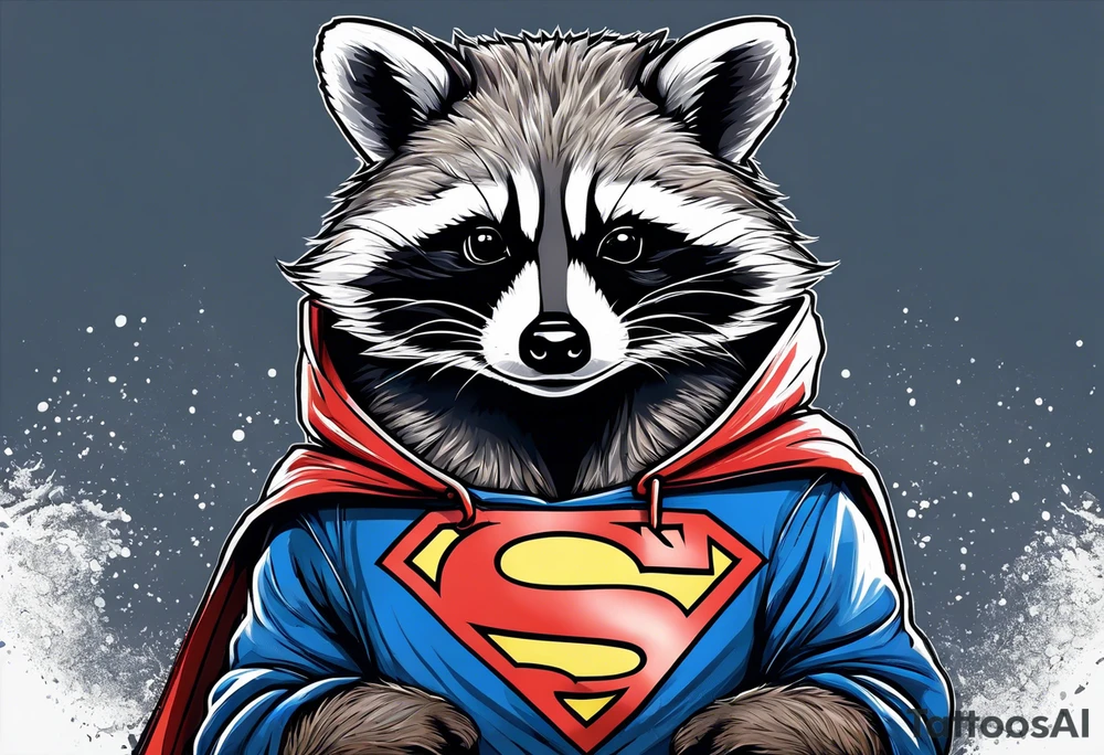 raccoon wearing a Superman hoodie tattoo idea