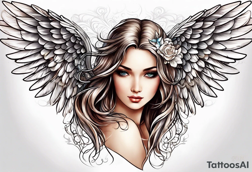 beautiful angel wings. with flilgree in the background tattoo idea