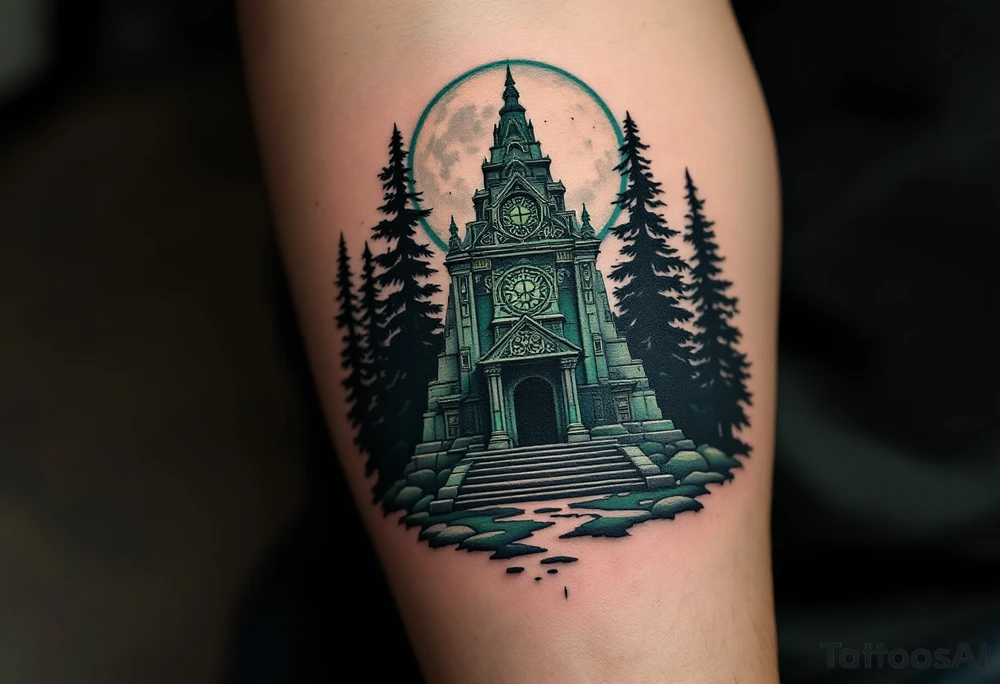 Slavic Pagan Temple – A stone temple with intricate geometric carvings in mossy green and gray tones, nestled in a dark pine forest under a full moon. tattoo idea