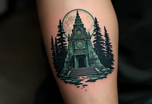 Slavic Pagan Temple – A stone temple with intricate geometric carvings in mossy green and gray tones, nestled in a dark pine forest under a full moon. tattoo idea