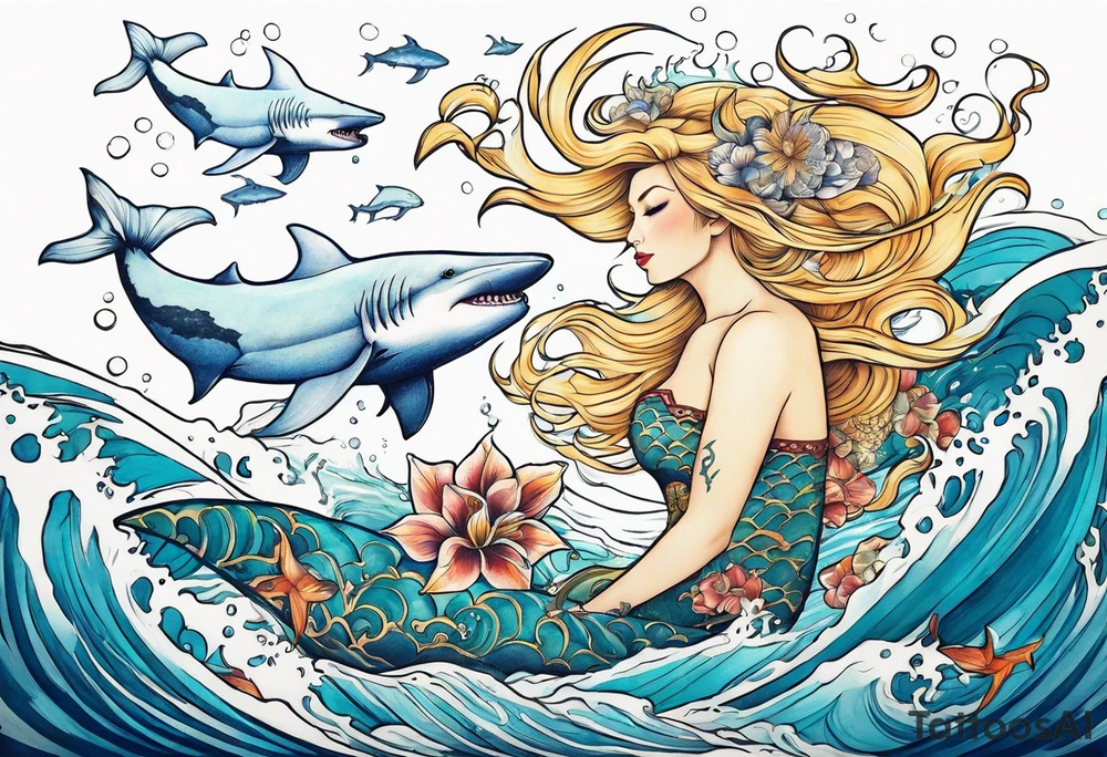 Blond mermaid swimming with sharks and whales tattoo idea