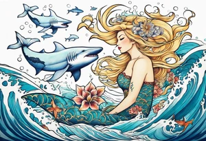 Blond mermaid swimming with sharks and whales tattoo idea