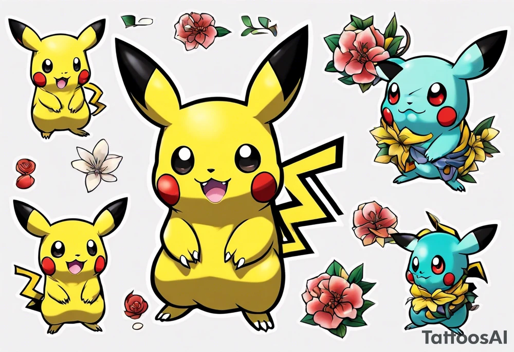 Pilachu from pokemon, japanese inspirtation, elegant and colorful for arm tattoo tattoo idea