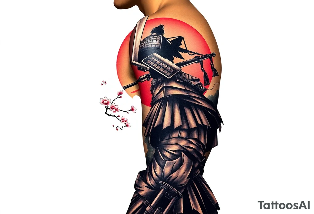 noble samurai warrior silhouette at sunset with cherry blossoms tattoo idea