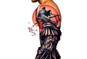 noble samurai warrior silhouette at sunset with cherry blossoms tattoo idea